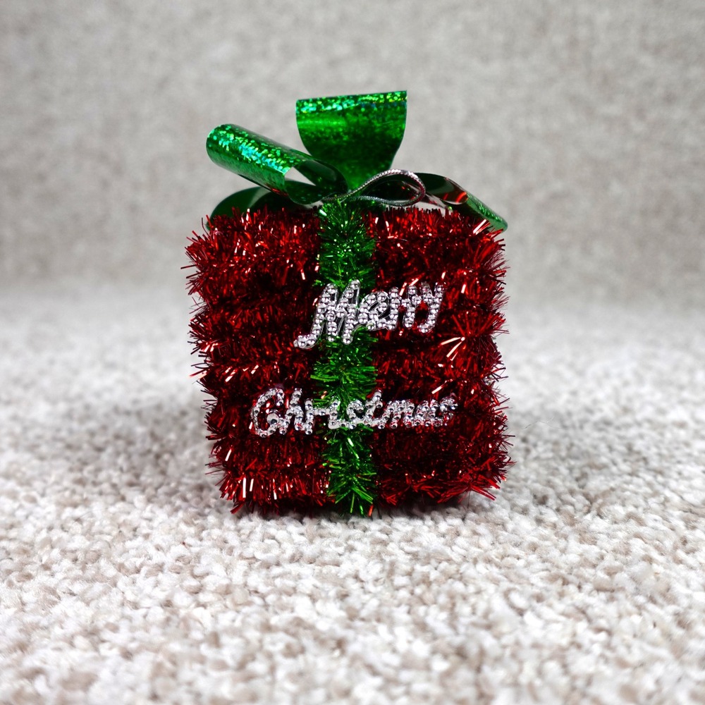 Merry‎ Christmas Red Tinsel Gift Box Ornament Green Bow Holiday Decor 3in